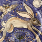 Hare, owl and moon painted plate