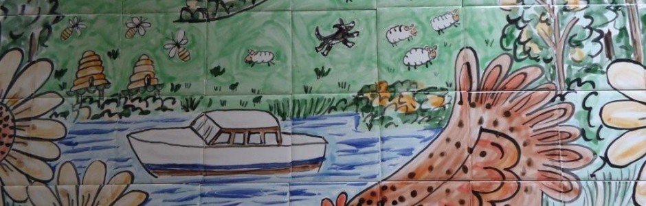 Hand painted tile mural chickens