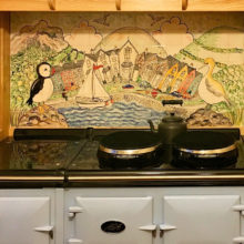 Coastal scene hand painted Aga kitchen tile splashback