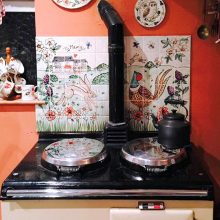 Aga kitchen splashback hand painted tile mural with hare and pheasant