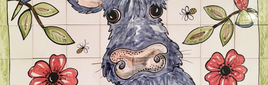 Hairy cow hand painted kitchen tile mural