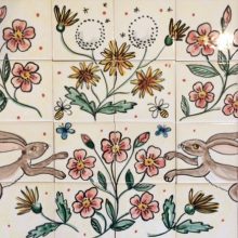 Hare and flowers hand painted kitchen tile mural