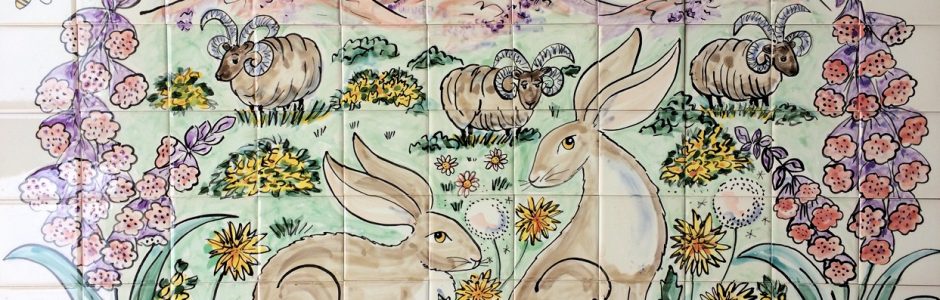 Tile Mural of hares and mountains