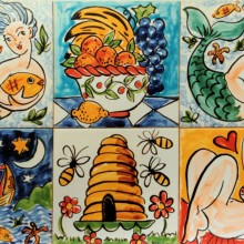 Single bath tiles boating, beehives. mermaids, Neptune and naked lady
