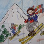 Skiing ladies hand painted tile mural