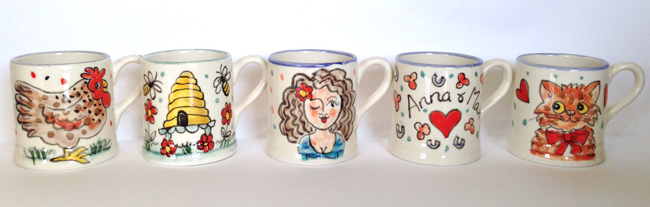 Chicken Mug. Beehive Mug. Winking Girl Mug. Cat Mug.