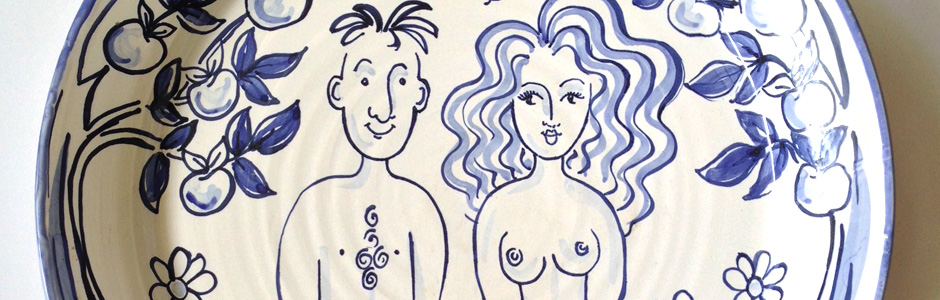 Hand Painted Adam and Eve Blue and White Plates
