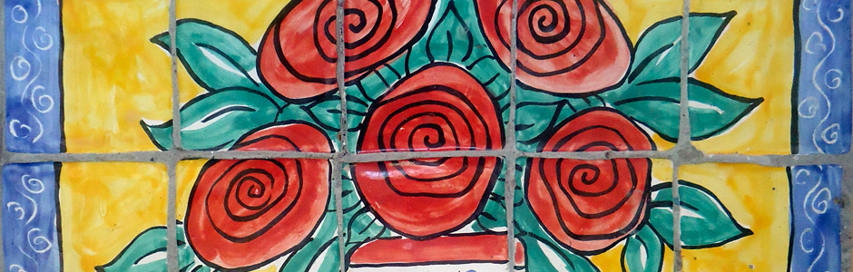 Rose bush hand painted tile mural