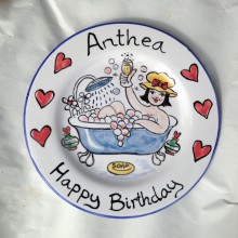 Hand painted personalised Happy Birthday in the bath Plate