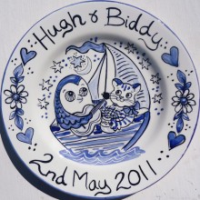 Hand painted personalised Blue and White Owl and Pussy Cat Plate