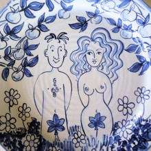Hand painted personalised Adam and Eve Blue and White plate