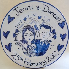Hand painted personalised Blue and White wedding plate 2012 J&D