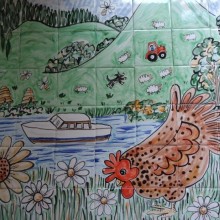Hand painted tile mural chickens