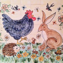 Country scene Kitchen Tile mural with hare, hedgehog and chicken