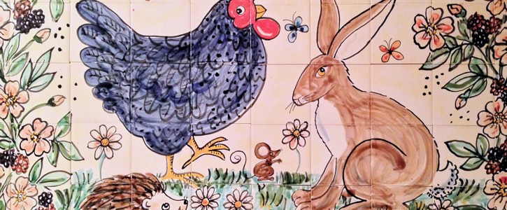 Country scene Kitchen Tile mural with hare, hedgehog and chicken