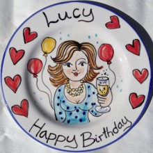 Hand painted personalised Happy Birthday balloons and champagne plate