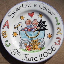 Hand painted personalised baby twins plate
