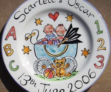 Hand painted personalised baby twins plate