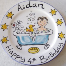 Hand painted personalised happy 4th Birthday in the bath Plate