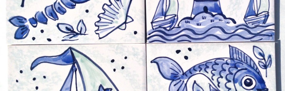 Hand Painted Blue & White Single Seaside Tiles