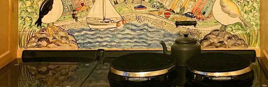 Coastal scene hand painted Aga kitchen tile splashback