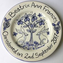 Hand painted blue-white Christening plate