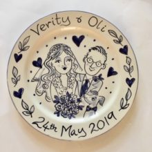 blue white delft style personalised wedding plate