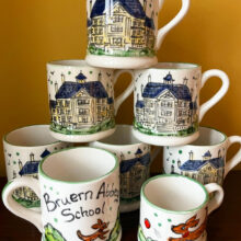 Hand painted Bruern Abbey School mugs