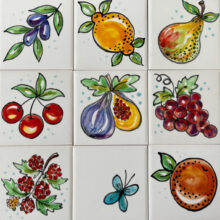 Single hand painted tiles of different fruits