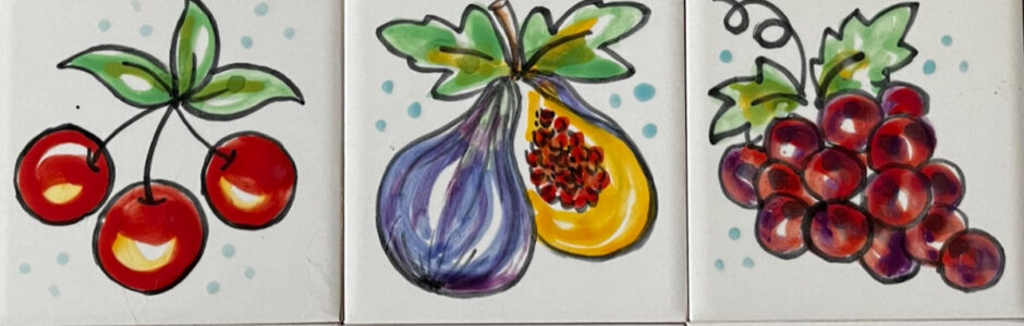 Single hand painted tiles of different fruits