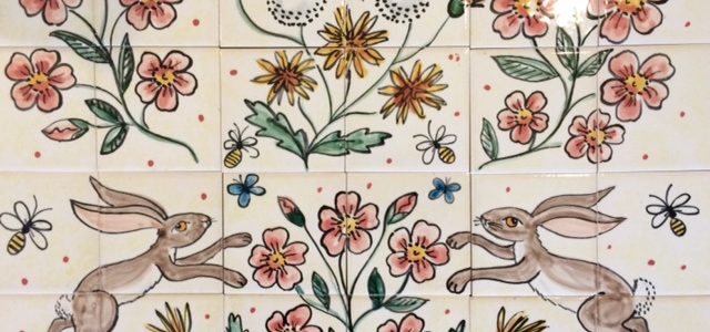 Hare and flowers hand painted kitchen tile mural