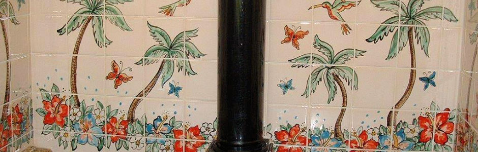 Hawaiian inspired kitchen tile mural behind aga range cooker