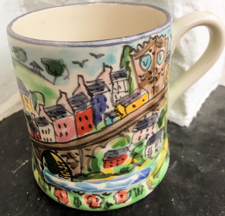 Hand painted mug depicting Llandeilo bridge