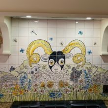 Rams head hand painted kitchen tile mural