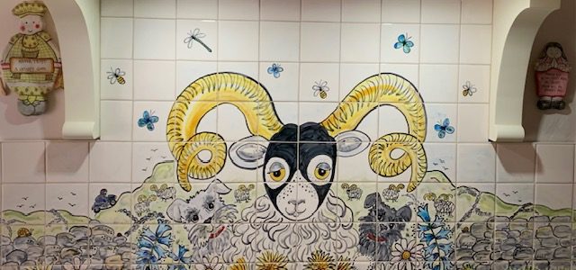Rams head hand painted kitchen tile mural