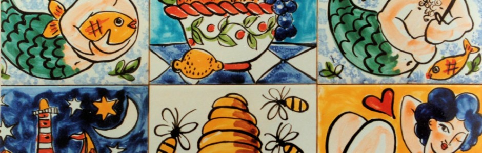 Single bath tiles boating, beehives. mermaids, Neptune and naked lady