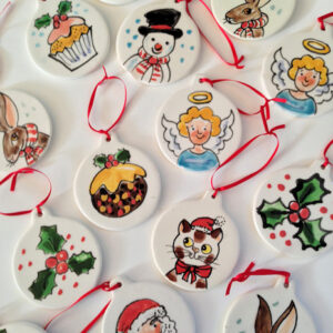 Kate Glanville Christmas Snowman, Holly, Angel, Christmas Pud Decorations